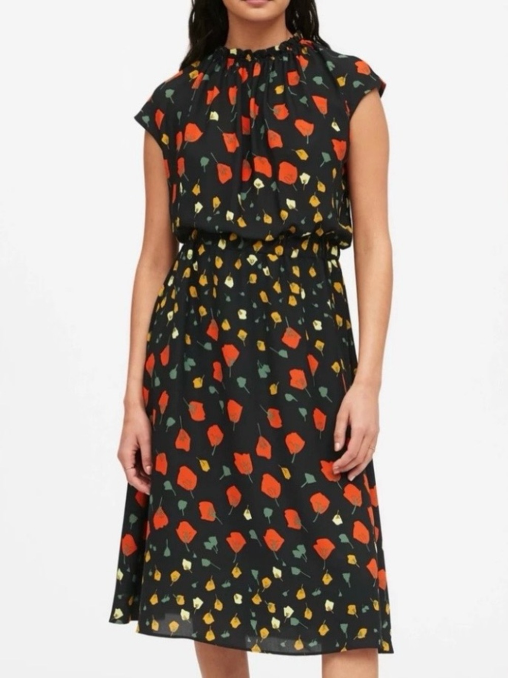 Banana Republic Black Midi Dress with Red & Yellow Floral Print
